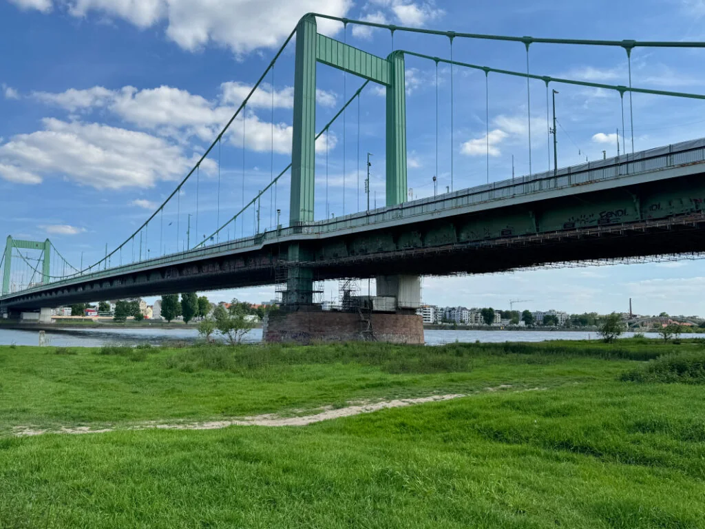 Mülheimer Brücke in Köln, Hängebrücke über den Rhein, vom Ufer aus gesehen
